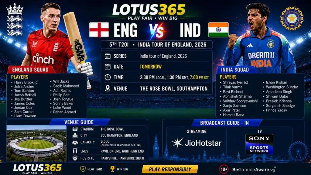 Current image: LOTUS365 ENG vs IND 5th T20I 2026 match preview banner featuring team squads, The Rose Bowl venue, match timing, and live streaming details.