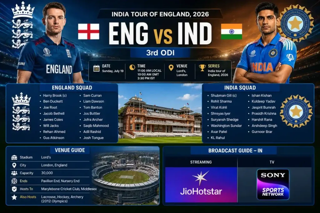 Lotus365 ENG vs IND 3rd ODI 2026 match prediction, playing XI, Lord's pitch report and live betting tips