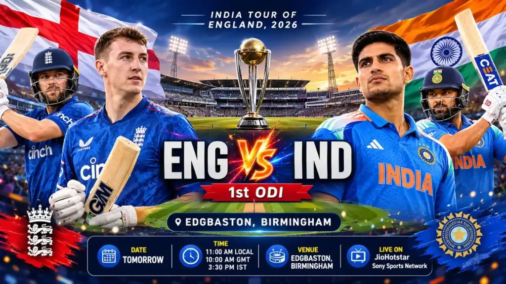 Current image: ENG vs IND 1st ODI 2026 match poster at Edgbaston, Birmingham | Dream11 Prediction & Match Preview | Lotus365