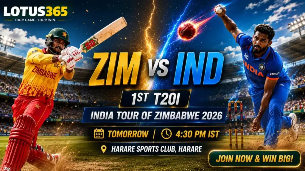 Lotus365 ZIM vs IND 1st T20I India Tour of Zimbabwe 2026 cricket match preview banner