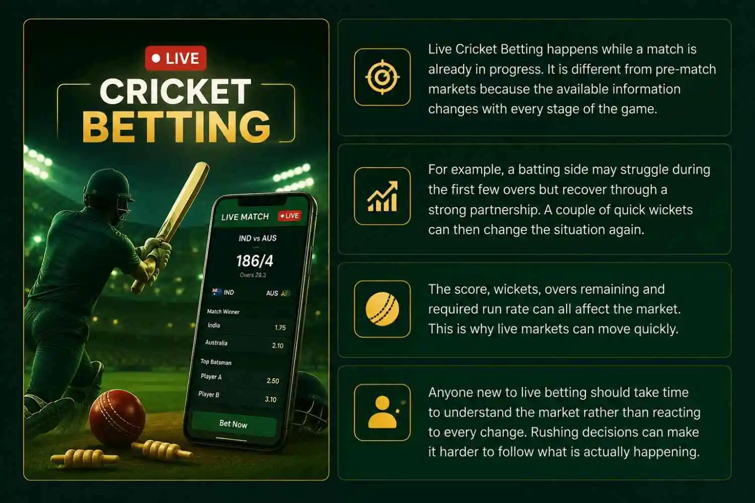 Live cricket betting guide showing in-play cricket match and live betting markets
