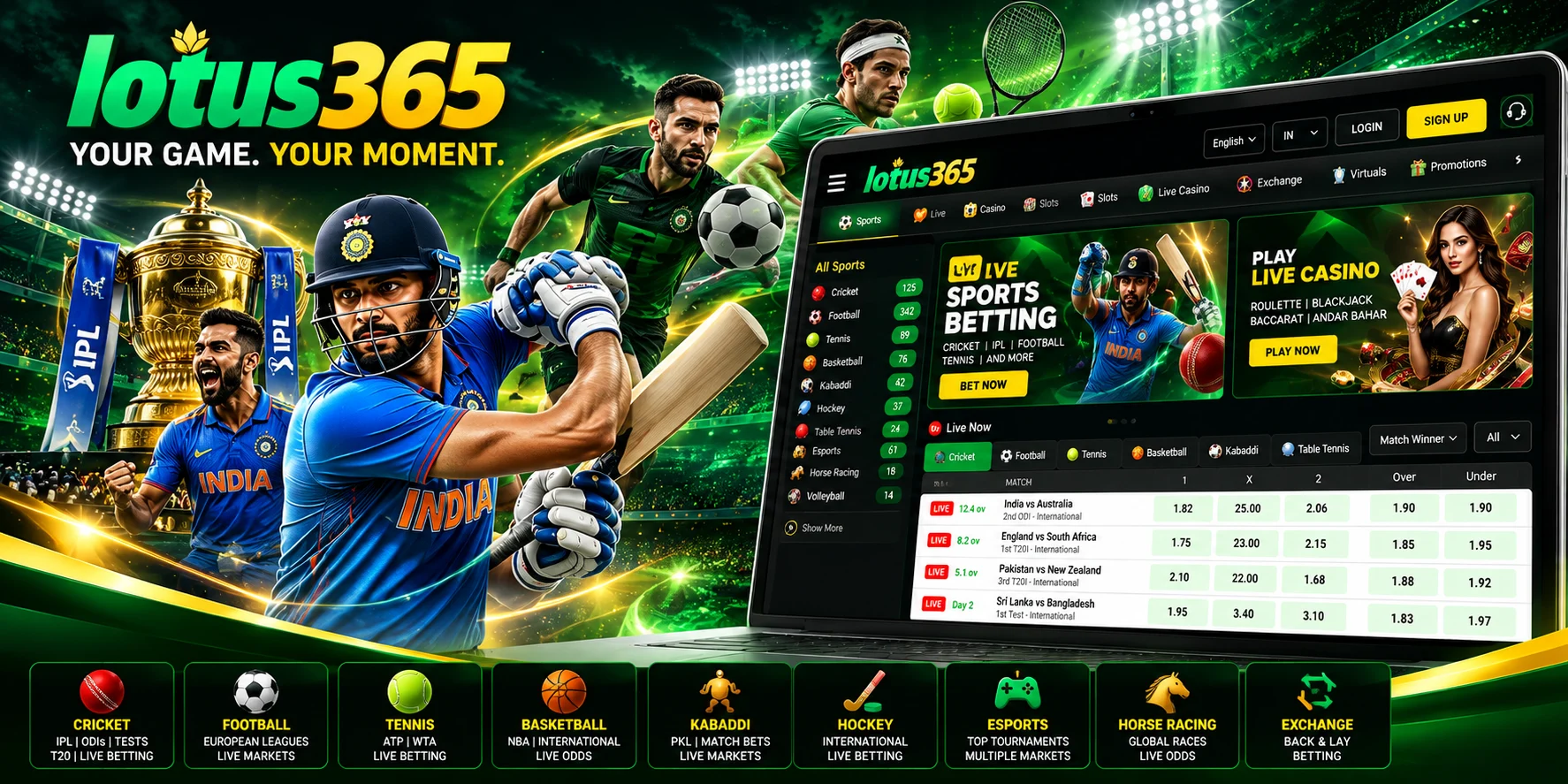 Lotus365 sports betting section showing cricket, IPL, football, tennis and live exchange betting options.